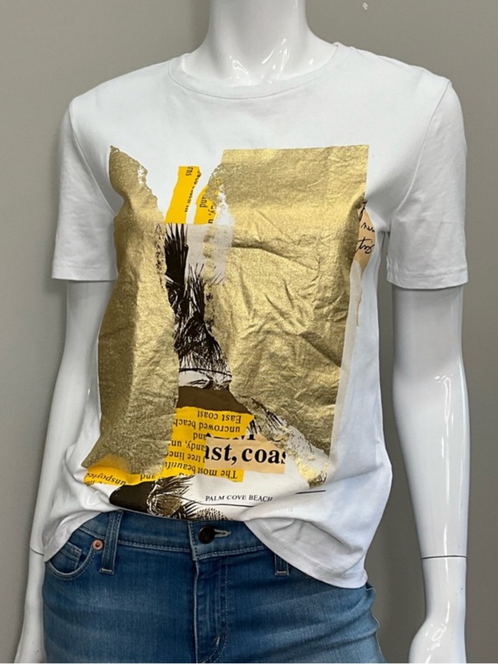 ZARA White Gold Foil Graphic Tee East Coast Palm Cove Crewneck S